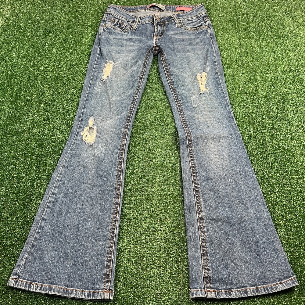 VTG Wallflower Jeans Women's Sz 3 28x30" Silver Bell Kick Flare Distressed Y2K